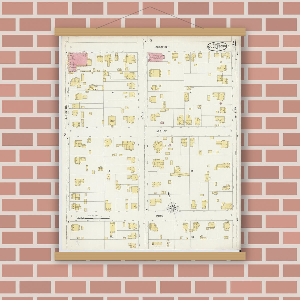 Old map wall art mockup — magnetic wood frame on brick wall — Sanborn Fire Insurance Map from Goldsboro, Wayne County, North Carolina (1896), Sheet #0003