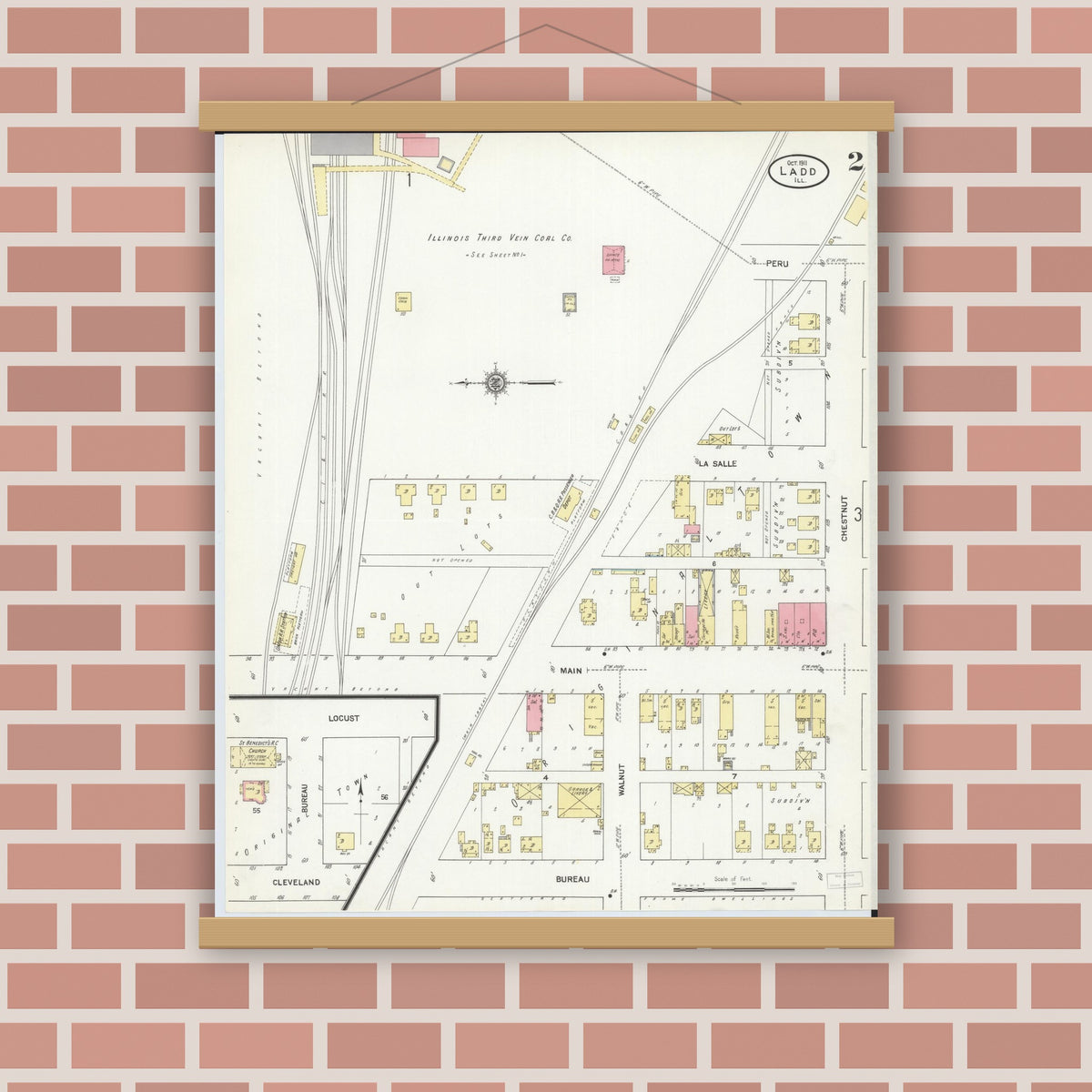 Old map wall art mockup — magnetic wood frame on brick wall — Sanborn Fire Insurance Map from Ladd, Bureau County, Illinois (1911), Sheet #0002