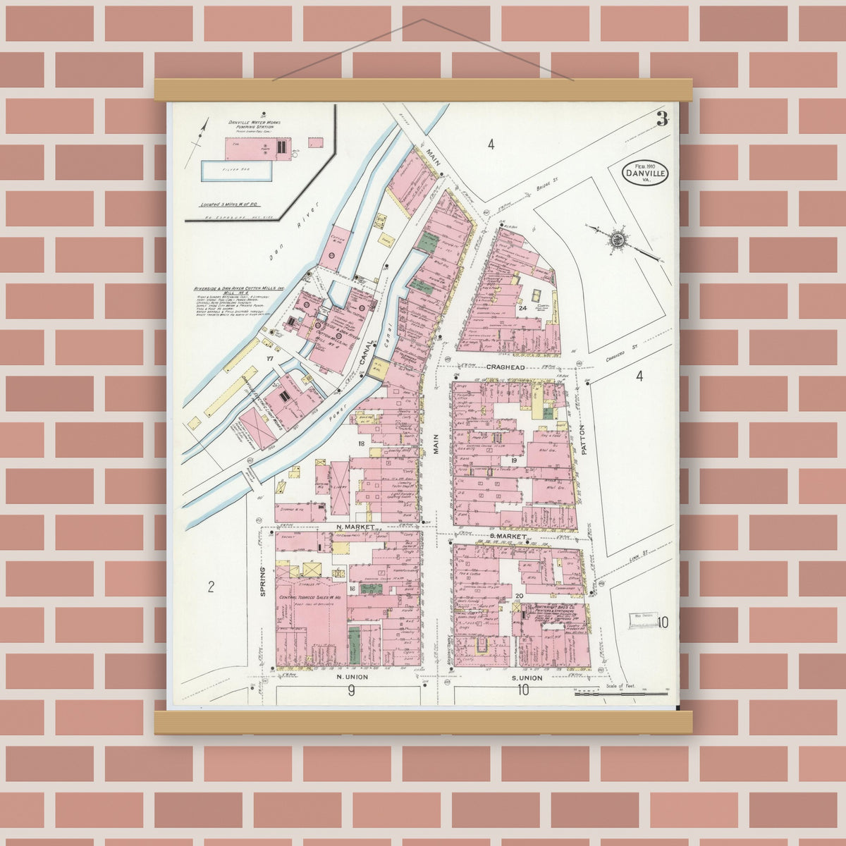 Old map wall art mockup — magnetic wood frame on brick wall — Sanborn Fire Insurance Map from Danville, Independent Cities, Virginia (1910), Sheet #0003