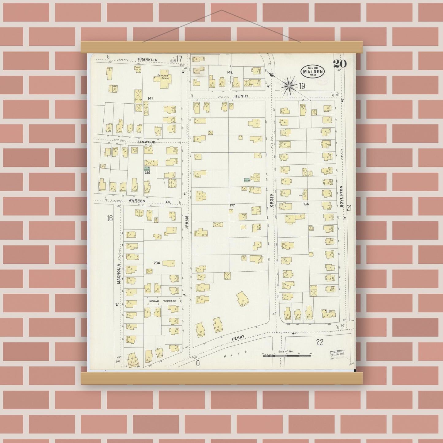 Old map wall art mockup — magnetic wood frame on brick wall — Sanborn Fire Insurance Map from Malden, Middlesex County, Massachusetts (1897), Sheet #0020