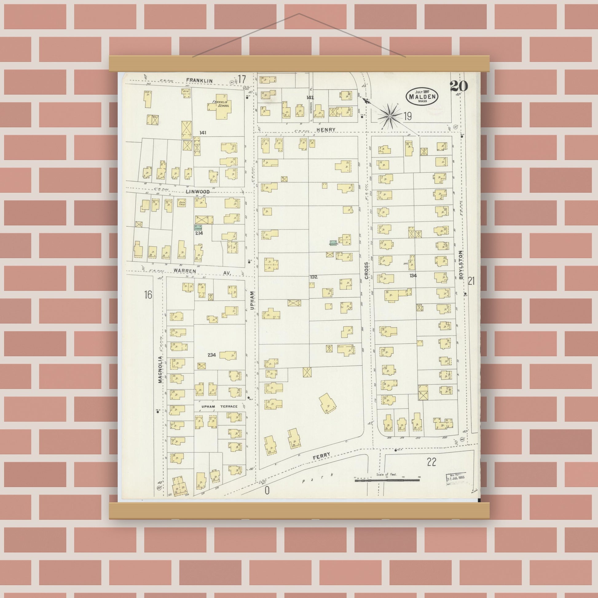 Old map wall art mockup — magnetic wood frame on brick wall — Sanborn Fire Insurance Map from Malden, Middlesex County, Massachusetts (1897), Sheet #0020