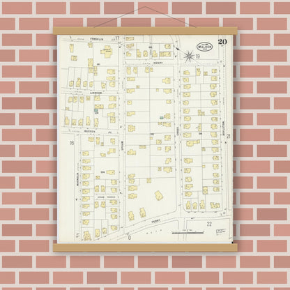 Old map wall art mockup — magnetic wood frame on brick wall — Sanborn Fire Insurance Map from Malden, Middlesex County, Massachusetts (1897), Sheet #0020