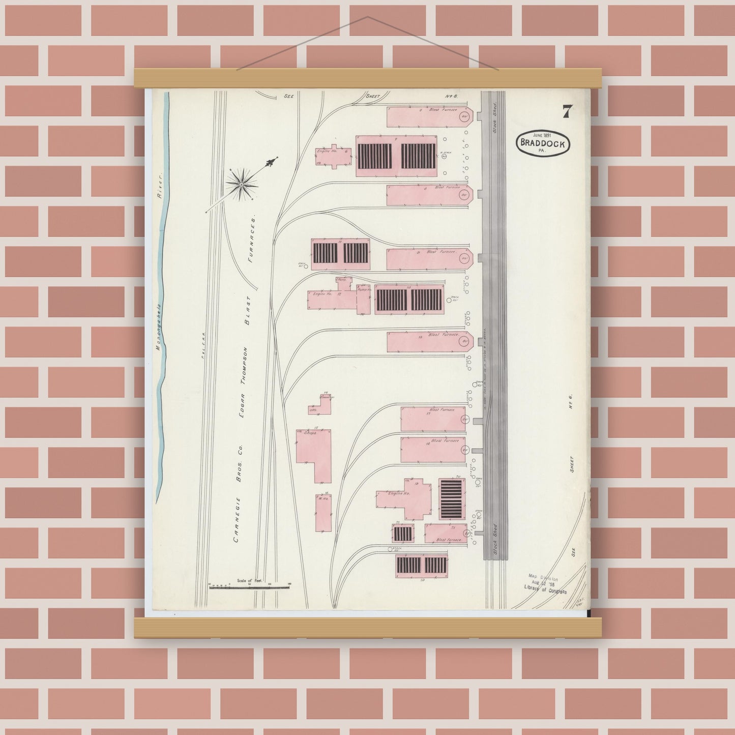 Old map wall art mockup — magnetic wood frame on brick wall — Sanborn Fire Insurance Map from Braddock, Allegheny County, Pennsylvania (1891), Sheet #0007
