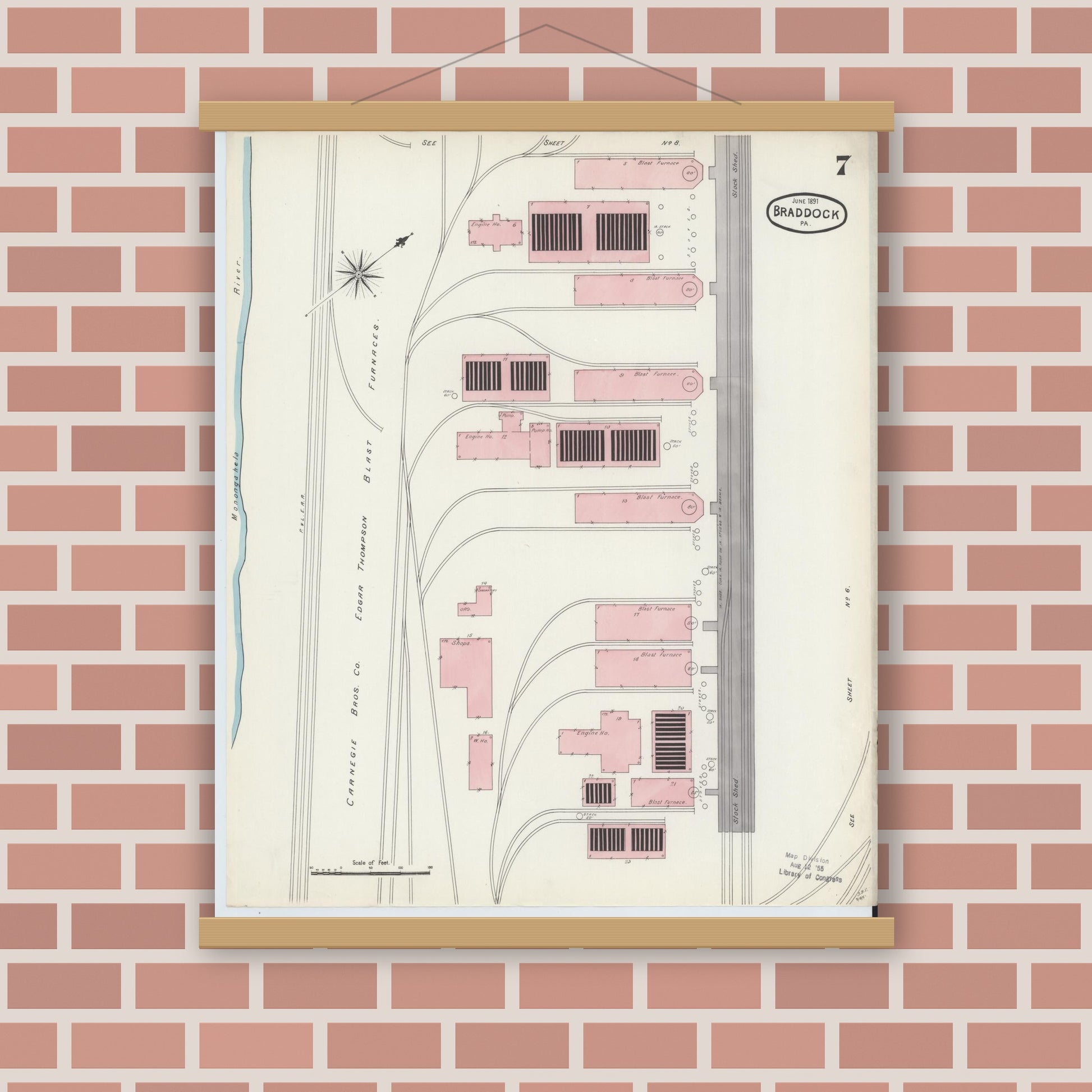 Old map wall art mockup — magnetic wood frame on brick wall — Sanborn Fire Insurance Map from Braddock, Allegheny County, Pennsylvania (1891), Sheet #0007