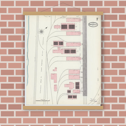 Old map wall art mockup — magnetic wood frame on brick wall — Sanborn Fire Insurance Map from Braddock, Allegheny County, Pennsylvania (1891), Sheet #0007