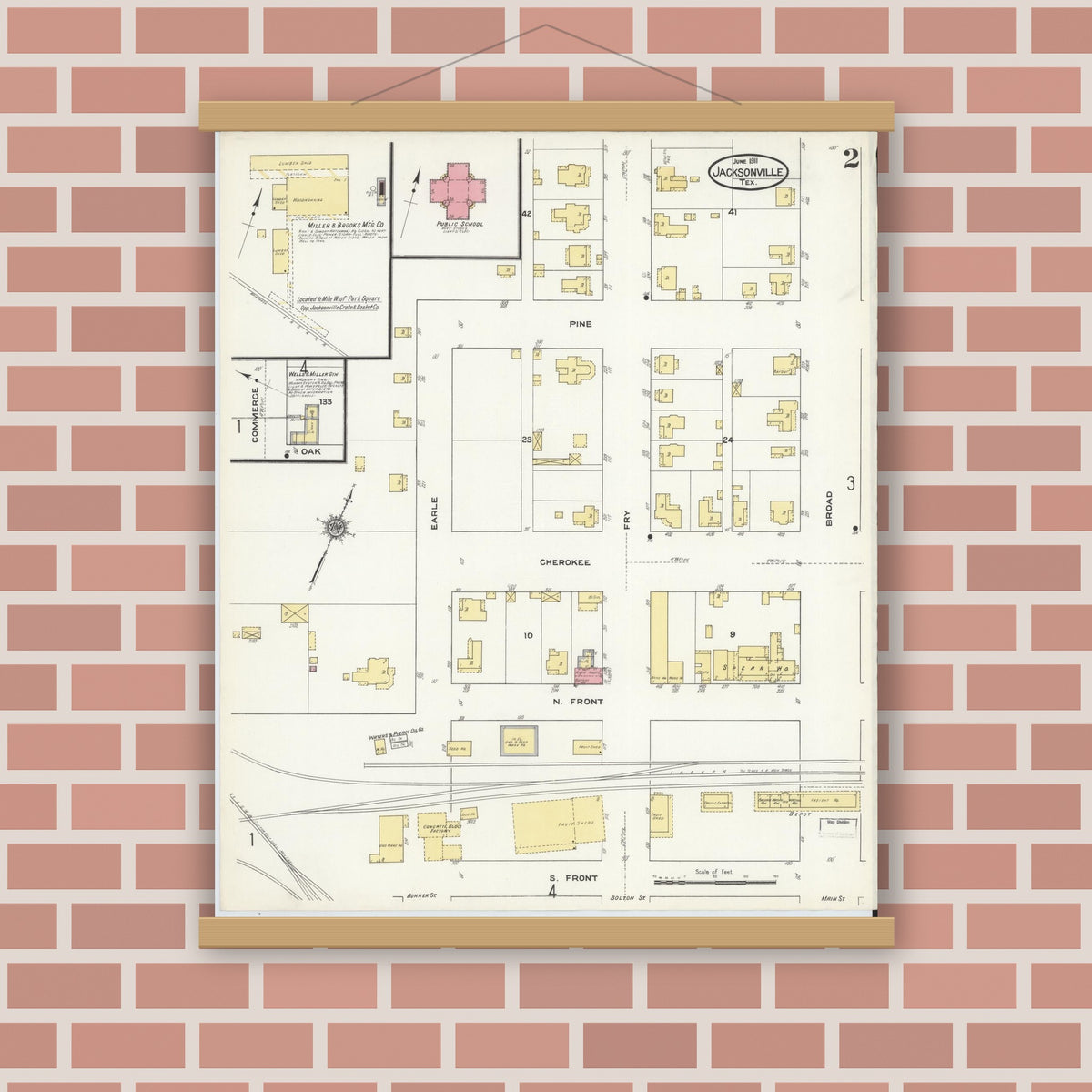 Old map wall art mockup — magnetic wood frame on brick wall — Sanborn Fire Insurance Map from Jacksonville, Cherokee County, Texas (1911), Sheet #0002