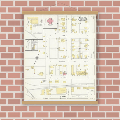 Old map wall art mockup — magnetic wood frame on brick wall — Sanborn Fire Insurance Map from Jacksonville, Cherokee County, Texas (1911), Sheet #0002