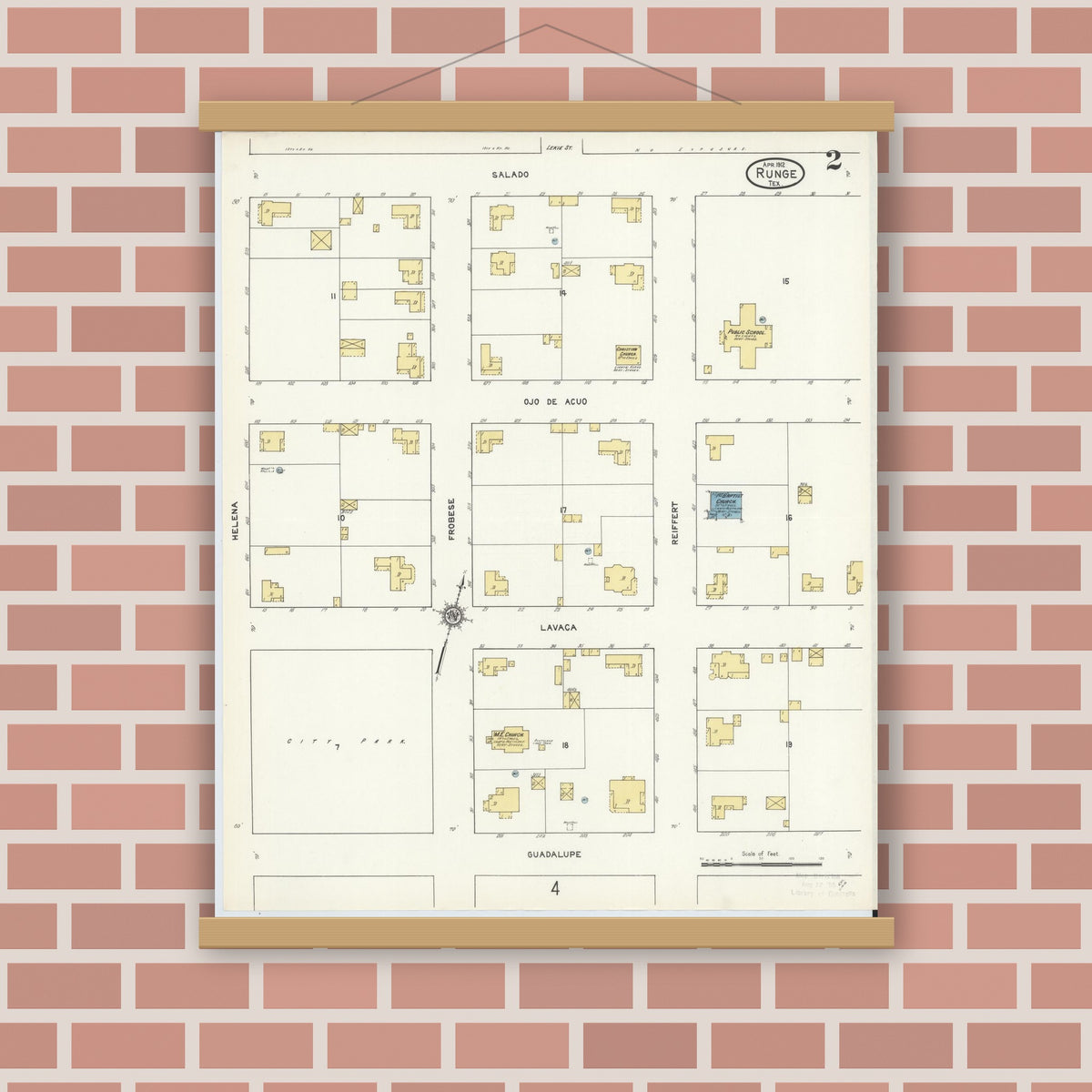 Old map wall art mockup — magnetic wood frame on brick wall — Sanborn Fire Insurance Map from Runge, Karnes County, Texas (1912), Sheet #0002