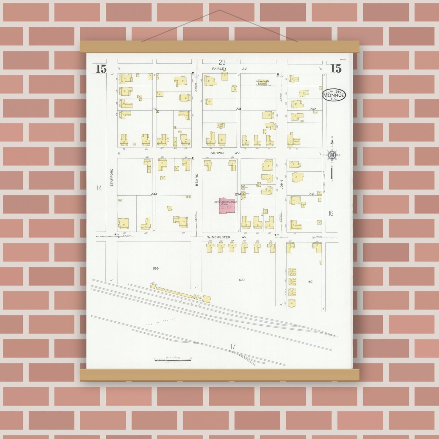 Old map wall art mockup — magnetic wood frame on brick wall — Sanborn Fire Insurance Map from Monroe, Union County, North Carolina (1930), Sheet #0015