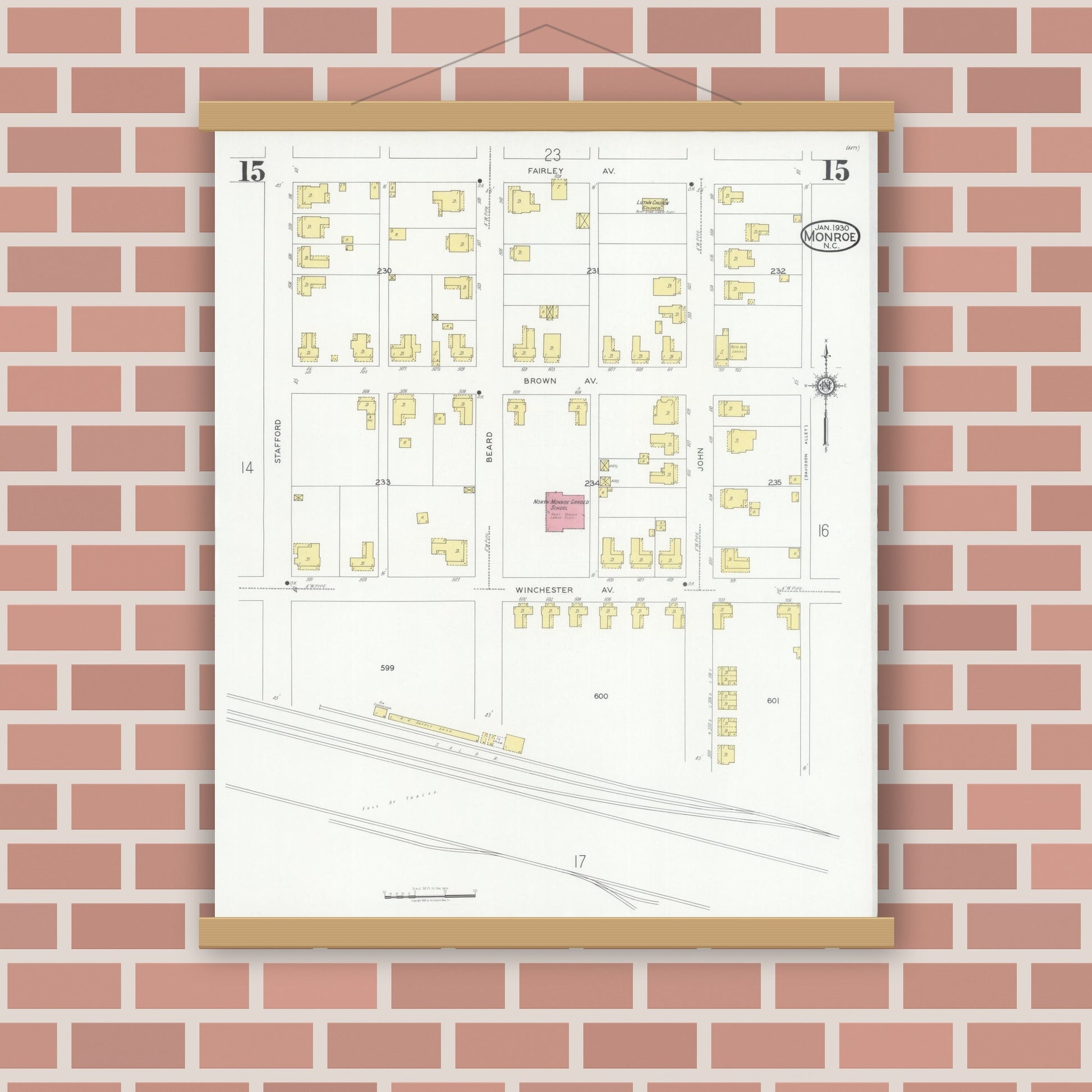 Old map wall art mockup — magnetic wood frame on brick wall — Sanborn Fire Insurance Map from Monroe, Union County, North Carolina (1930), Sheet #0015