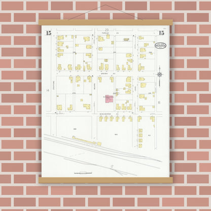 Old map wall art mockup — magnetic wood frame on brick wall — Sanborn Fire Insurance Map from Monroe, Union County, North Carolina (1930), Sheet #0015
