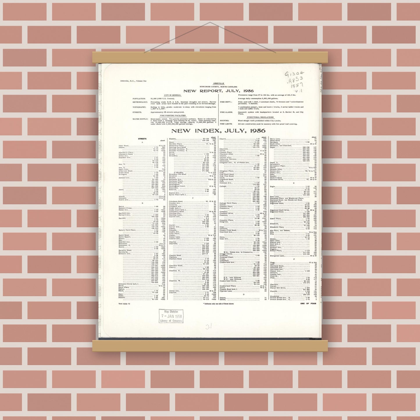 Old map wall art mockup — magnetic wood frame on brick wall — Sanborn Fire Insurance Map from Asheville, Buncombe County, North Carolina (1957) - Complete Map Set