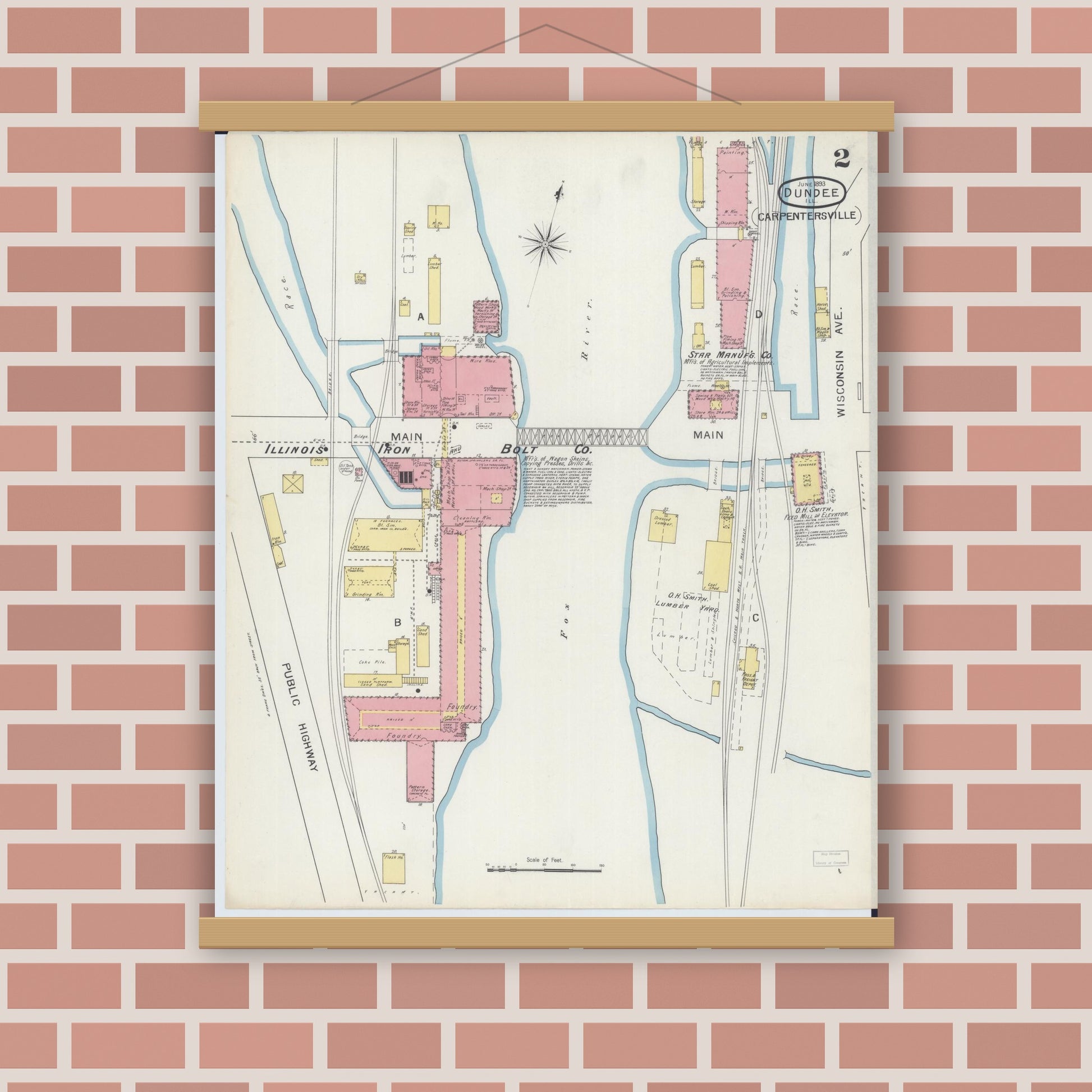 Old map wall art mockup — magnetic wood frame on brick wall — Sanborn Fire Insurance Map from Dundee, Kane County, Illinois (1893), Sheet #0002