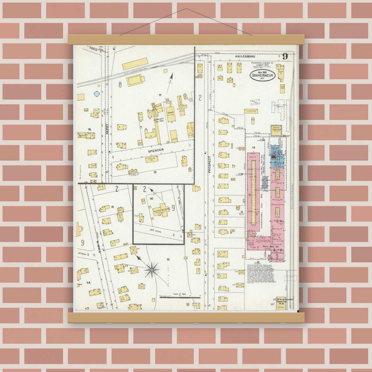 Old map wall art mockup — magnetic wood frame on brick wall — Sanborn Fire Insurance Map from Gouverneur, Saint Lawrence County, New York (1905), Sheet #0009