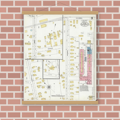 Old map wall art mockup — magnetic wood frame on brick wall — Sanborn Fire Insurance Map from Gouverneur, Saint Lawrence County, New York (1905), Sheet #0009