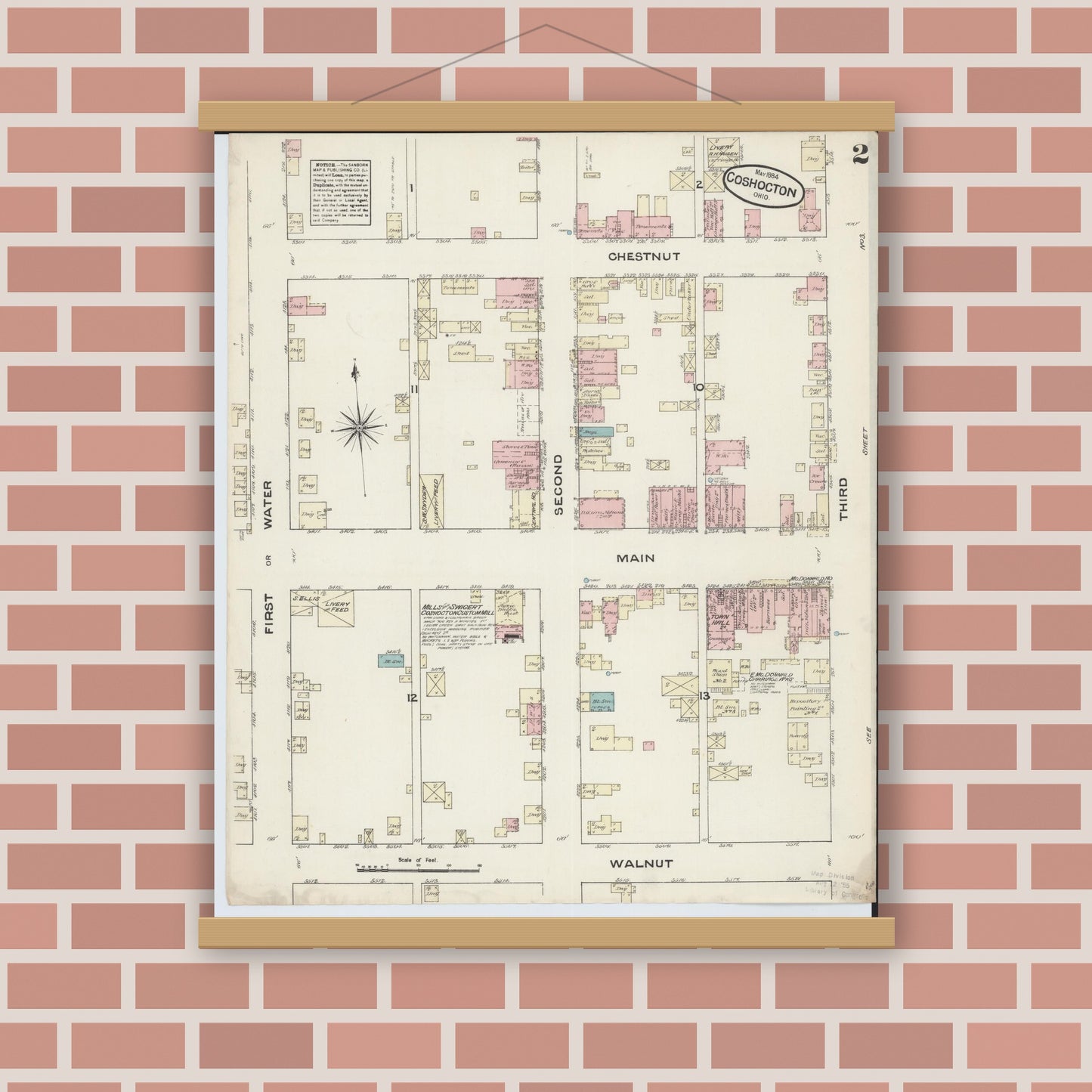 Old map wall art mockup — magnetic wood frame on brick wall — Sanborn Fire Insurance Map from Coshocton, Coshocton County, Ohio (1884), Sheet #0002