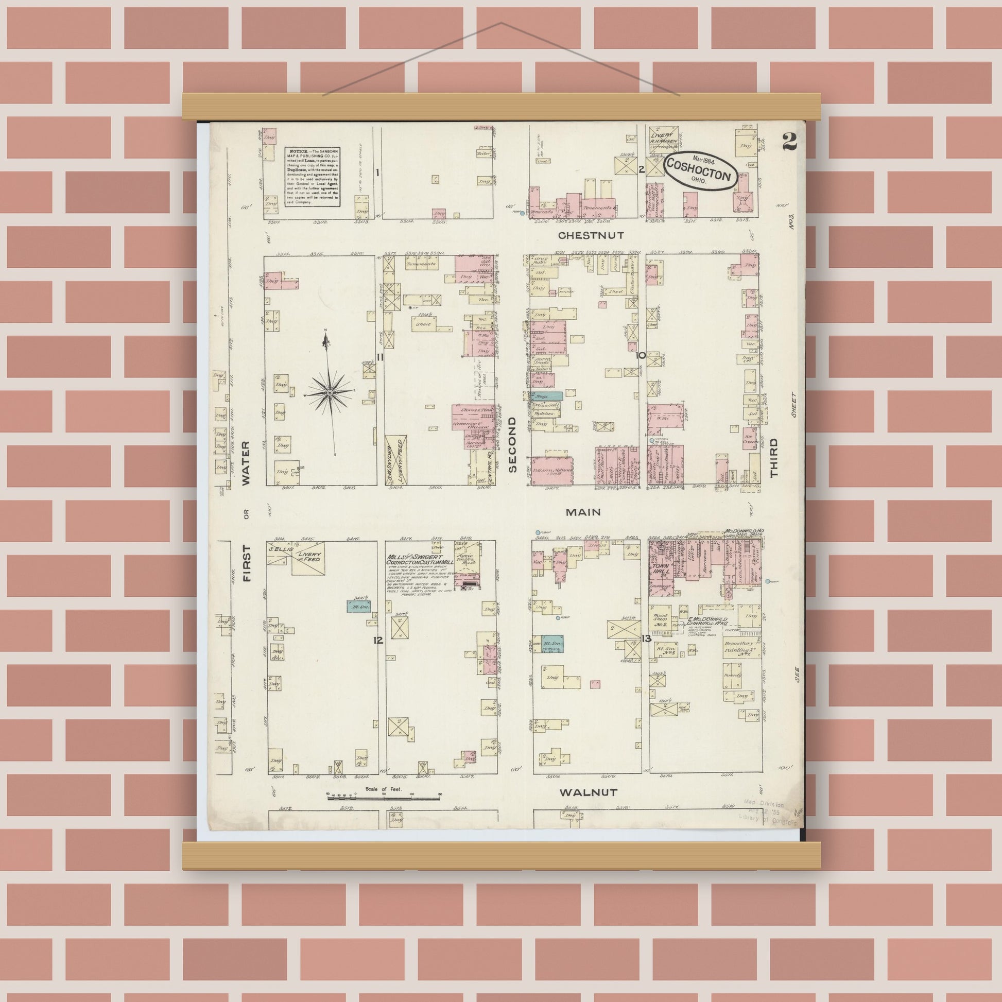 Old map wall art mockup — magnetic wood frame on brick wall — Sanborn Fire Insurance Map from Coshocton, Coshocton County, Ohio (1884), Sheet #0002