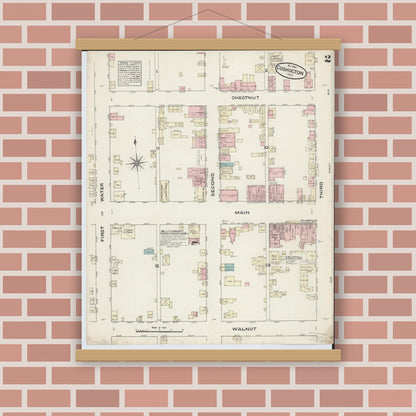 Old map wall art mockup — magnetic wood frame on brick wall — Sanborn Fire Insurance Map from Coshocton, Coshocton County, Ohio (1884), Sheet #0002