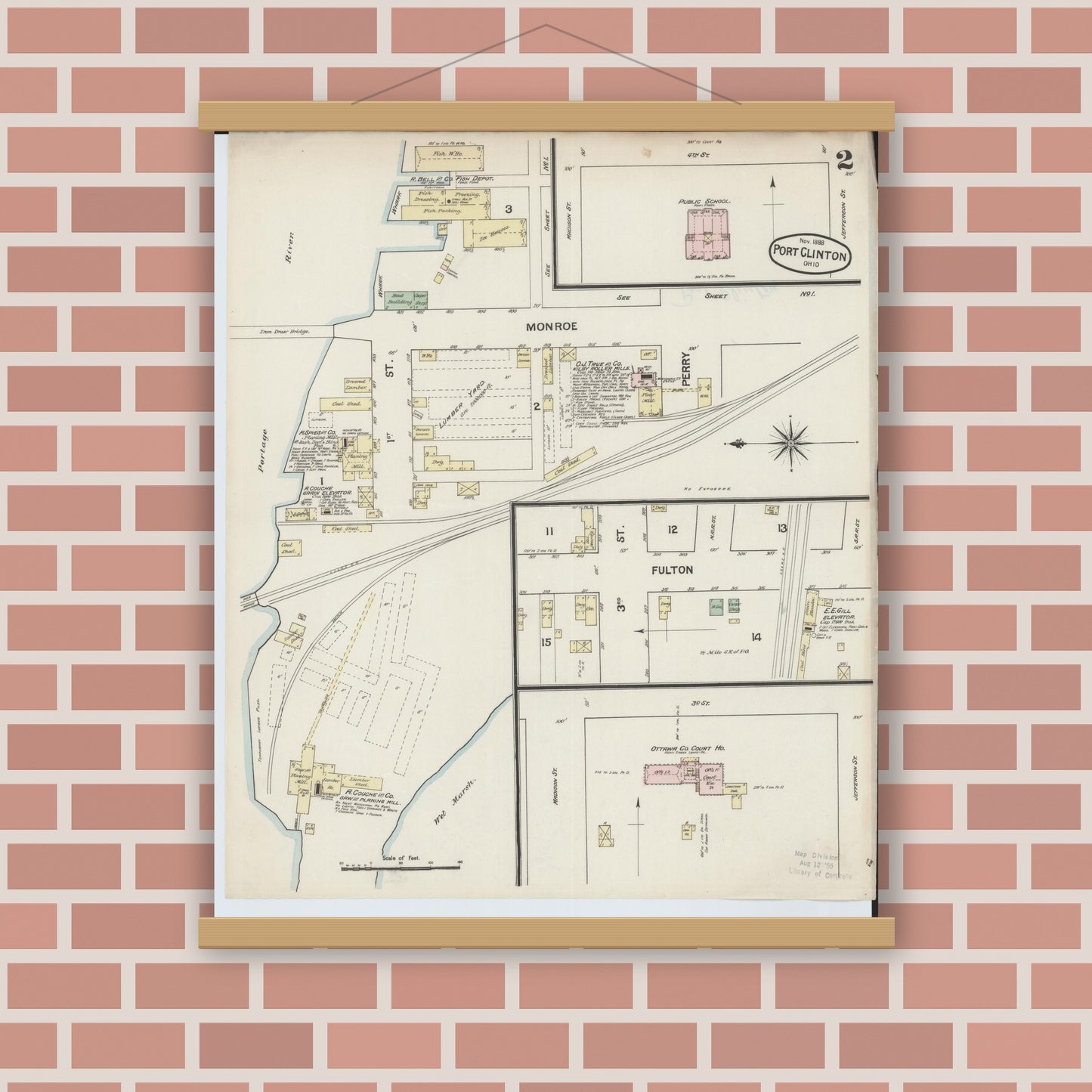 Old map wall art mockup — magnetic wood frame on brick wall — Sanborn Fire Insurance Map from Port Clinton, Ottawa County, Ohio (1888), Sheet #0002
