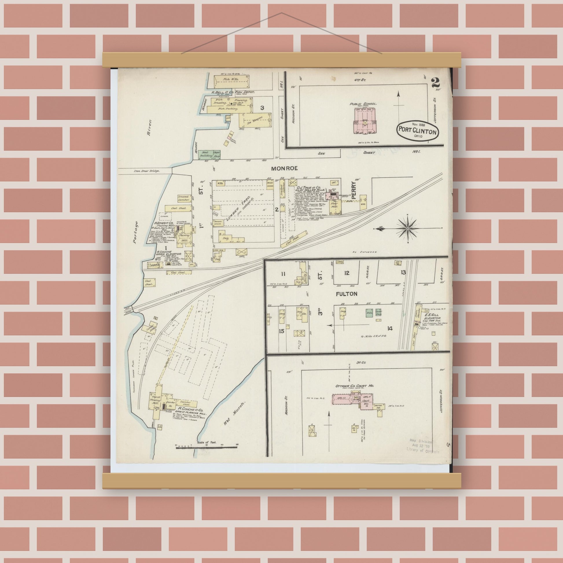 Old map wall art mockup — magnetic wood frame on brick wall — Sanborn Fire Insurance Map from Port Clinton, Ottawa County, Ohio (1888), Sheet #0002
