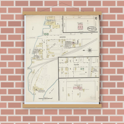 Old map wall art mockup — magnetic wood frame on brick wall — Sanborn Fire Insurance Map from Port Clinton, Ottawa County, Ohio (1888), Sheet #0002