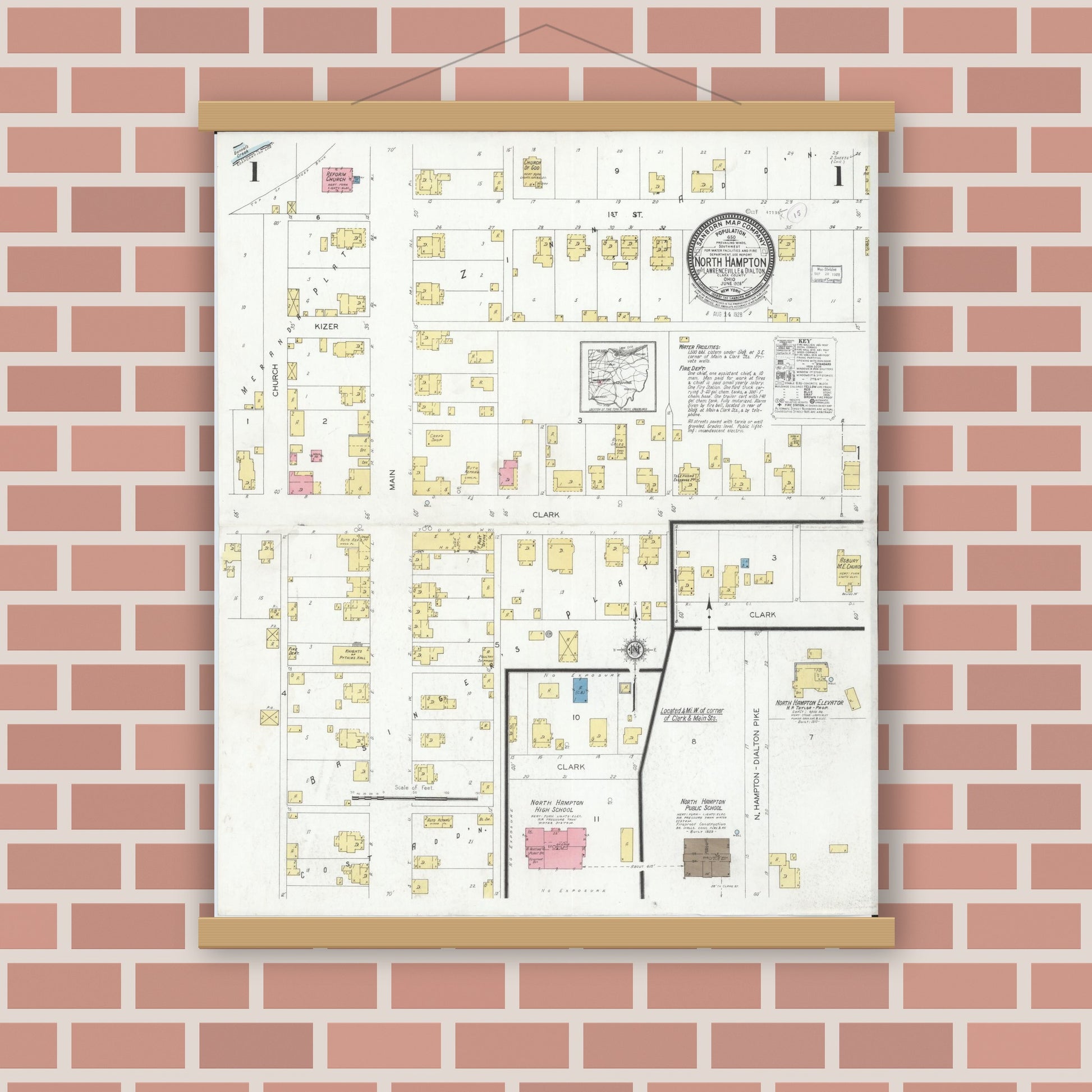 Old map wall art mockup — magnetic wood frame on brick wall — Sanborn Fire Insurance Map from North Hampton, Clark County, Ohio (1928), Sheet #0001