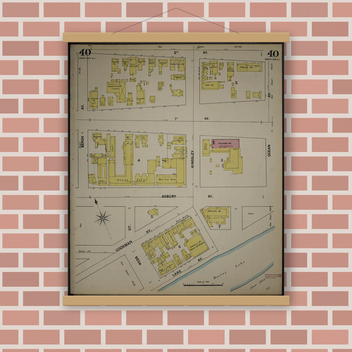 Old map wall art mockup — magnetic wood frame on brick wall — Sanborn Fire Insurance Map from New Jersey Coast, New Jersey Coast, New Jersey (1890), Sheet #0040