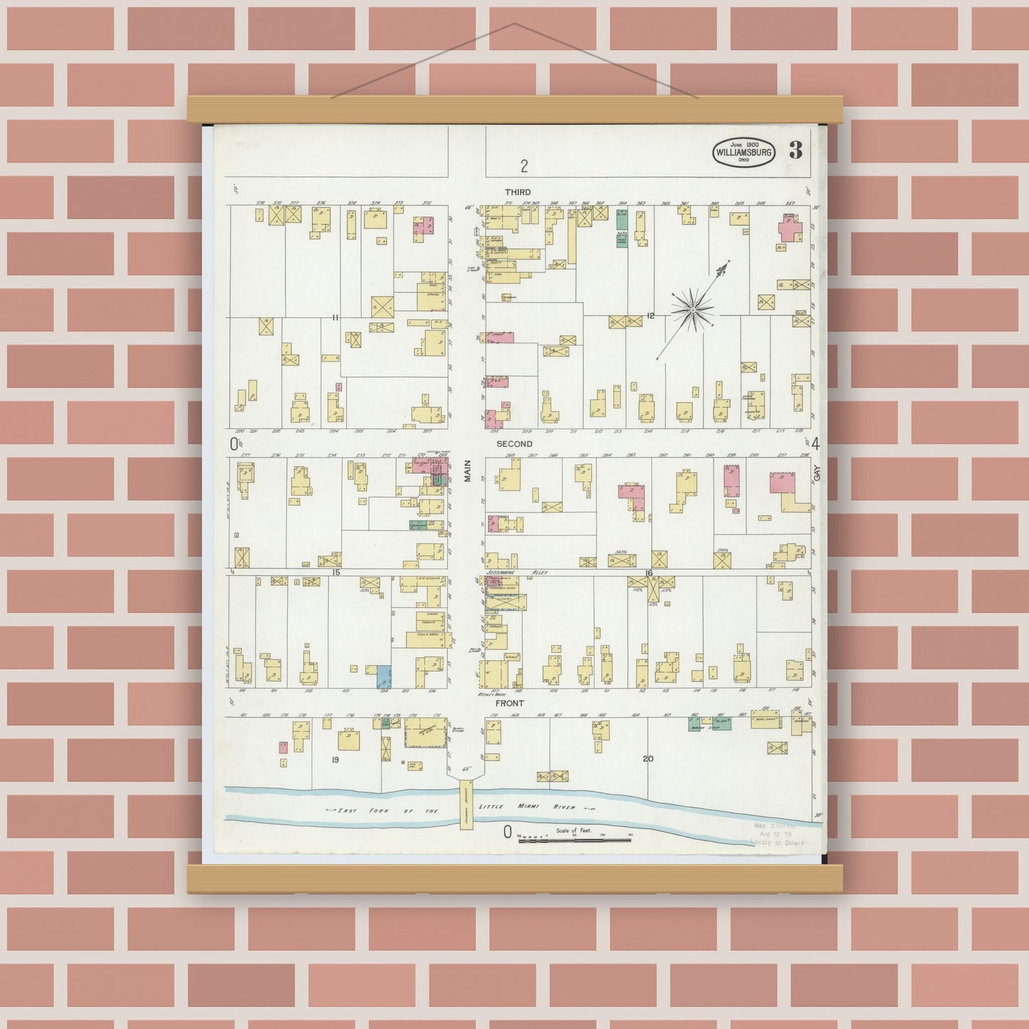 Old map wall art mockup — magnetic wood frame on brick wall — Sanborn Fire Insurance Map from Williamsburg, Clermont County, Ohio (1900), Sheet #0003