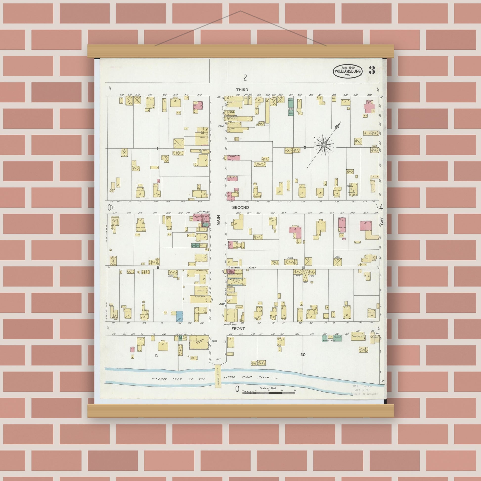 Old map wall art mockup — magnetic wood frame on brick wall — Sanborn Fire Insurance Map from Williamsburg, Clermont County, Ohio (1900), Sheet #0003