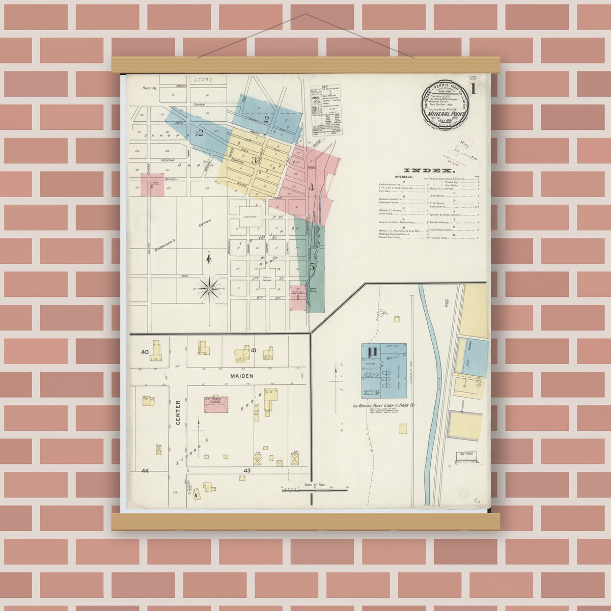 Old map wall art mockup — magnetic wood frame on brick wall — Sanborn Fire Insurance Map from Mineral Point, Iowa County, Wisconsin (1894) - Complete Map Set