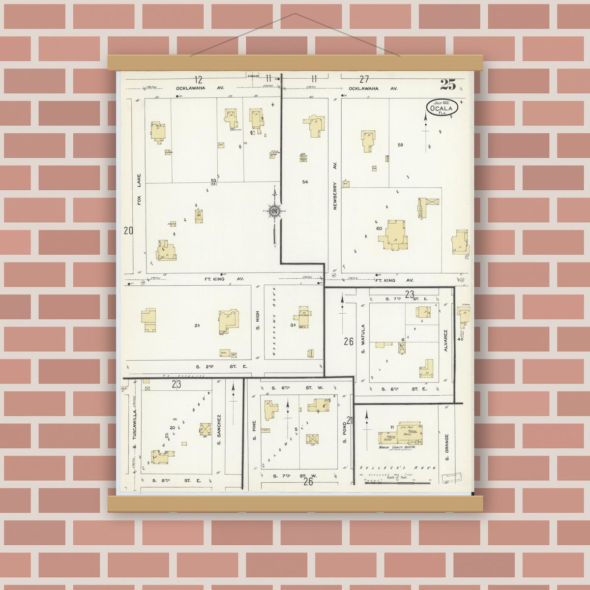 Old map wall art mockup — magnetic wood frame on brick wall — Sanborn Fire Insurance Map from Ocala, Marion County, Florida (1912), Sheet #0025