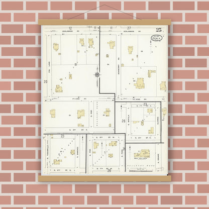 Old map wall art mockup — magnetic wood frame on brick wall — Sanborn Fire Insurance Map from Ocala, Marion County, Florida (1912), Sheet #0025