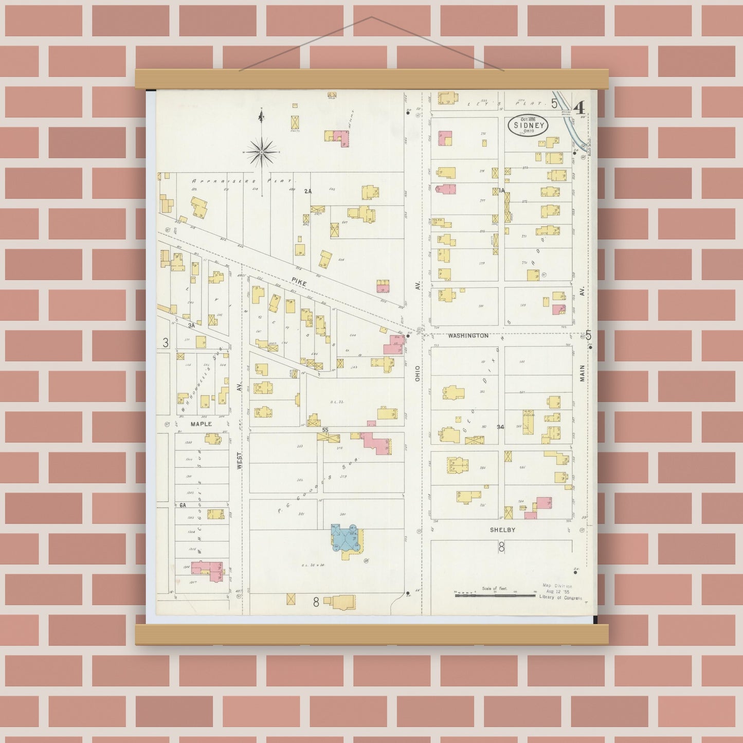 Old map wall art mockup — magnetic wood frame on brick wall — Sanborn Fire Insurance Map from Sidney, Shelby County, Ohio (1898), Sheet #0004