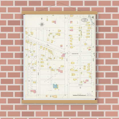 Old map wall art mockup — magnetic wood frame on brick wall — Sanborn Fire Insurance Map from Sidney, Shelby County, Ohio (1898), Sheet #0004