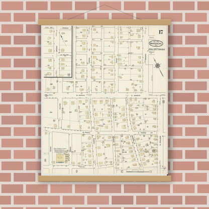 Old map wall art mockup — magnetic wood frame on brick wall — Sanborn Fire Insurance Map from Waxahachie, Ellis County, Texas (1914), Sheet #0017
