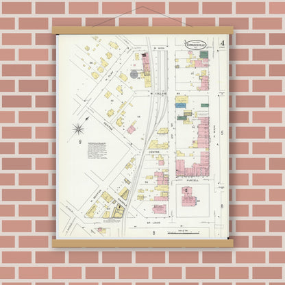 Old map wall art mockup — magnetic wood frame on brick wall — Sanborn Fire Insurance Map from Edwardsville, Madison County, Illinois (1909), Sheet #0004
