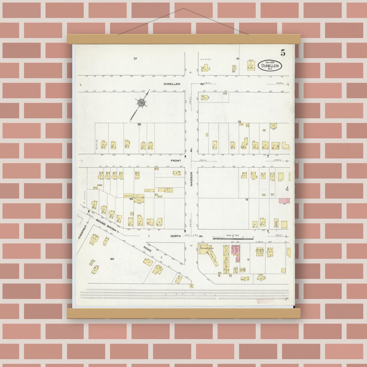 Old map wall art mockup — magnetic wood frame on brick wall — Sanborn Fire Insurance Map from Dunellen, Middlesex County, New Jersey (1910), Sheet #0005