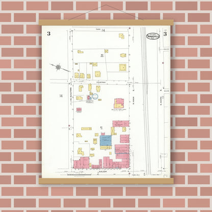 Old map wall art mockup — magnetic wood frame on brick wall — Sanborn Fire Insurance Map from Thomasville, Davidson County, North Carolina (1923), Sheet #0003