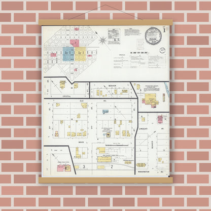 Old map wall art mockup — magnetic wood frame on brick wall — Sanborn Fire Insurance Map from Perham, Otter Tail County, Minnesota (1899), Sheet #0001