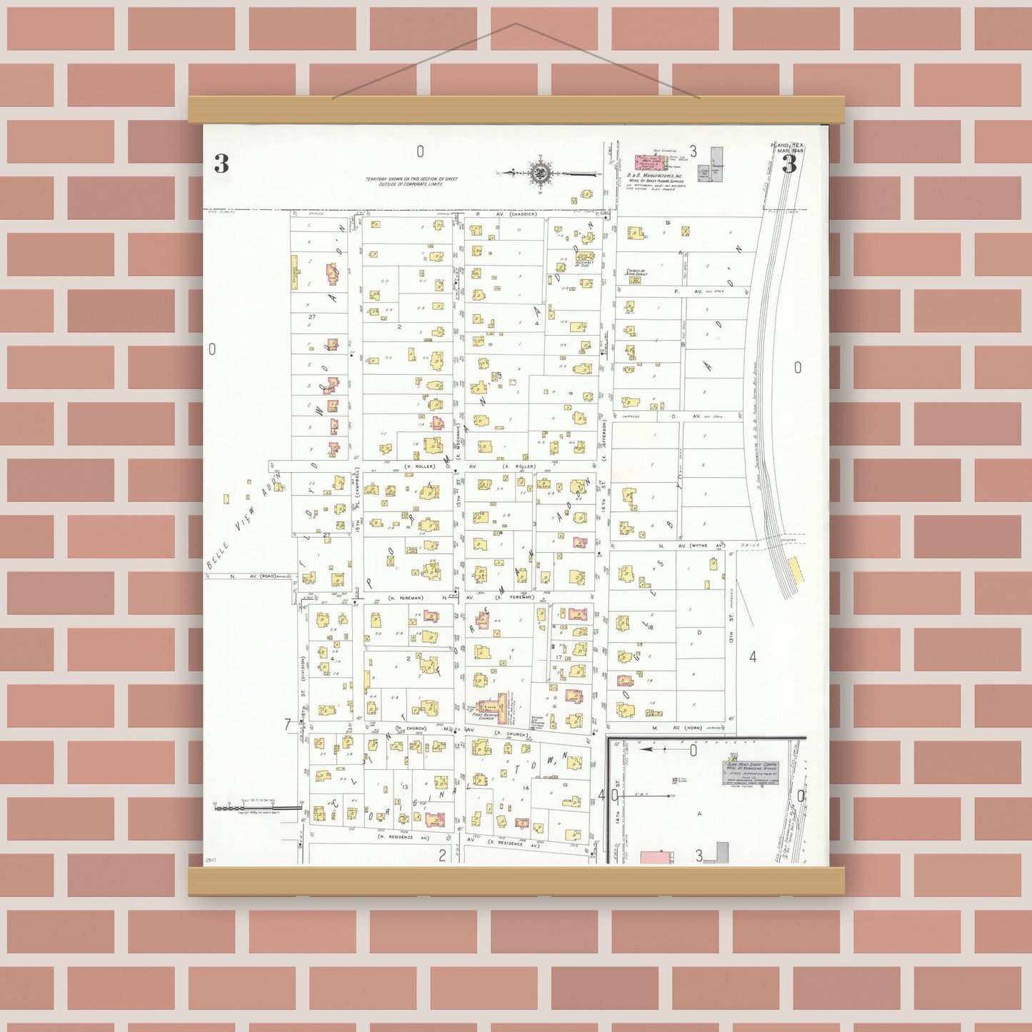 Old map wall art mockup — magnetic wood frame on brick wall — Sanborn Fire Insurance Map from Plano, Collin County, Texas (1949), Sheet #0003