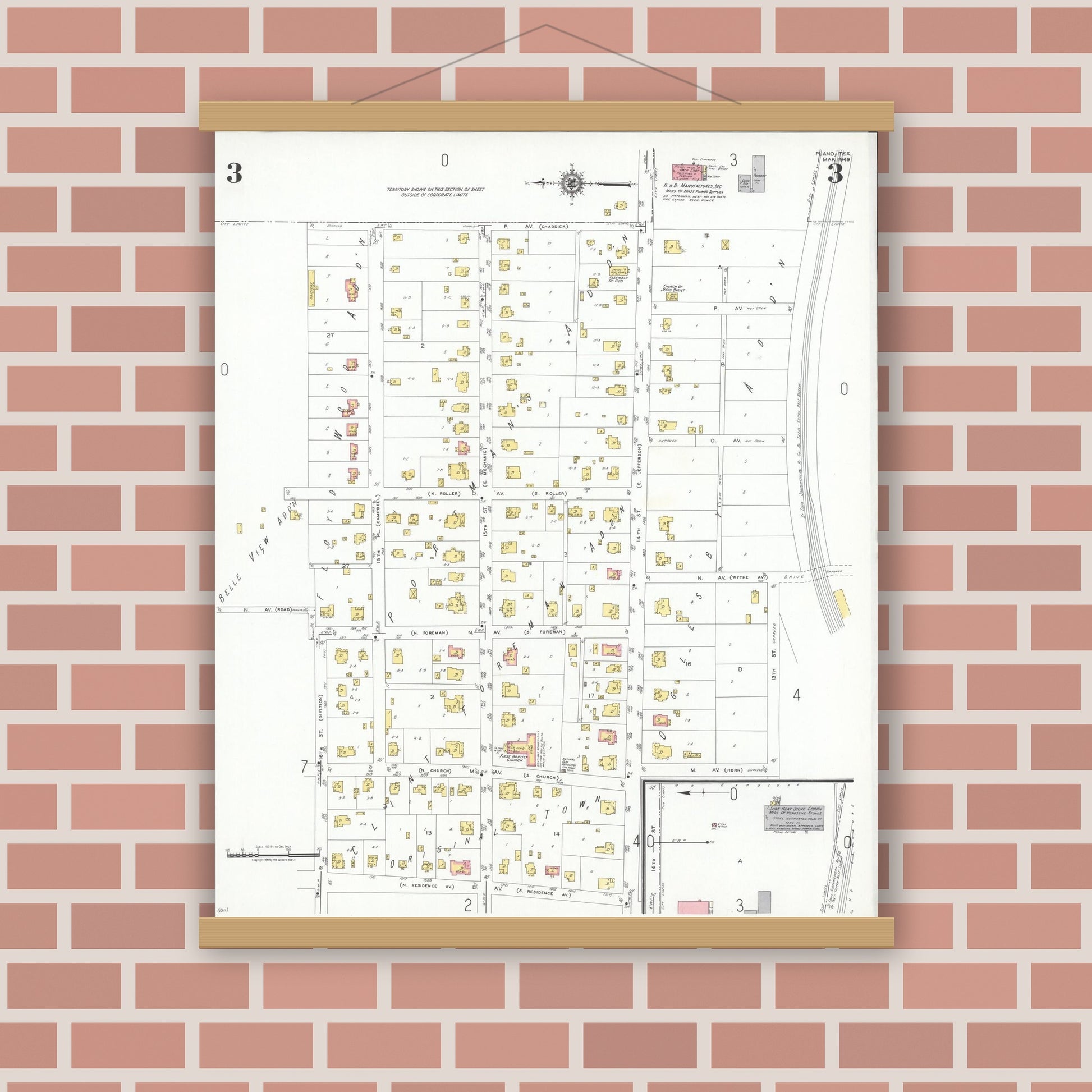 Old map wall art mockup — magnetic wood frame on brick wall — Sanborn Fire Insurance Map from Plano, Collin County, Texas (1949), Sheet #0003