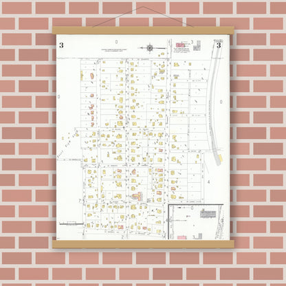 Old map wall art mockup — magnetic wood frame on brick wall — Sanborn Fire Insurance Map from Plano, Collin County, Texas (1949), Sheet #0003