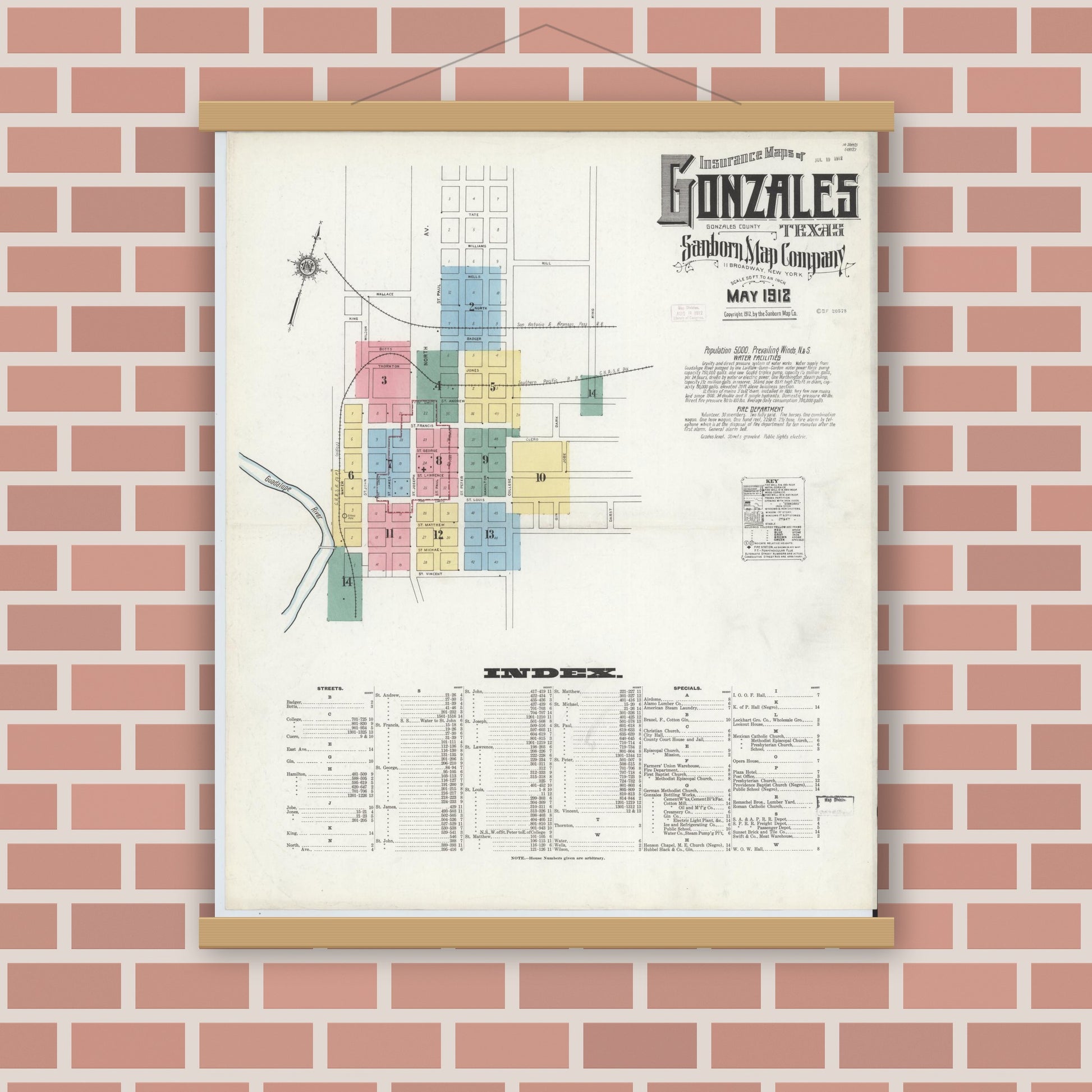 Old map wall art mockup — magnetic wood frame on brick wall — Sanborn Fire Insurance Map from Gonzales, Gonzales County, Texas (1912) - Complete Map Set