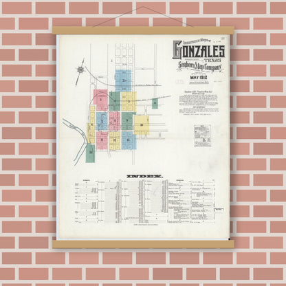 Old map wall art mockup — magnetic wood frame on brick wall — Sanborn Fire Insurance Map from Gonzales, Gonzales County, Texas (1912) - Complete Map Set