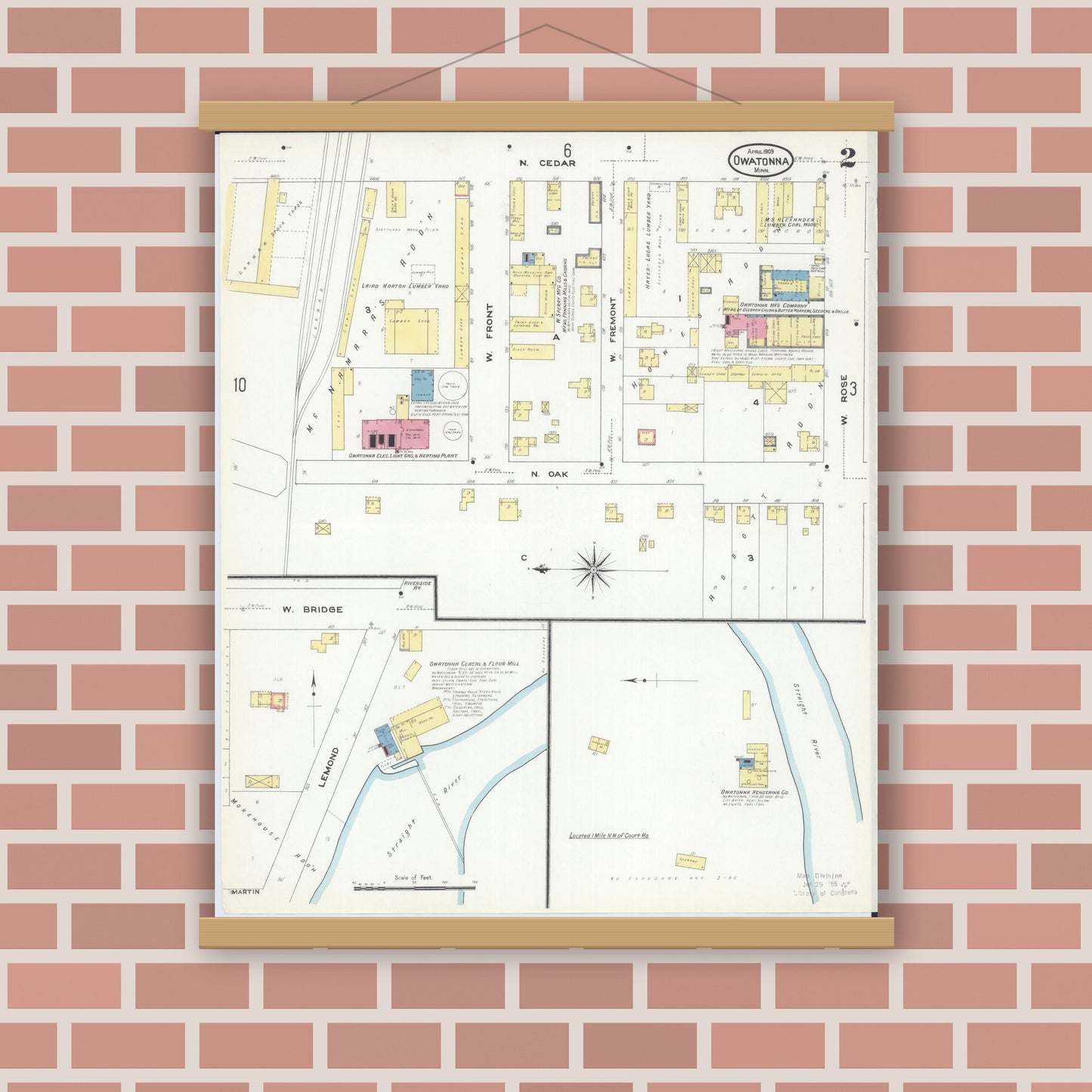 Old map wall art mockup — magnetic wood frame on brick wall — Sanborn Fire Insurance Map from Owatonna, Steele County, Minnesota (1909), Sheet #0002