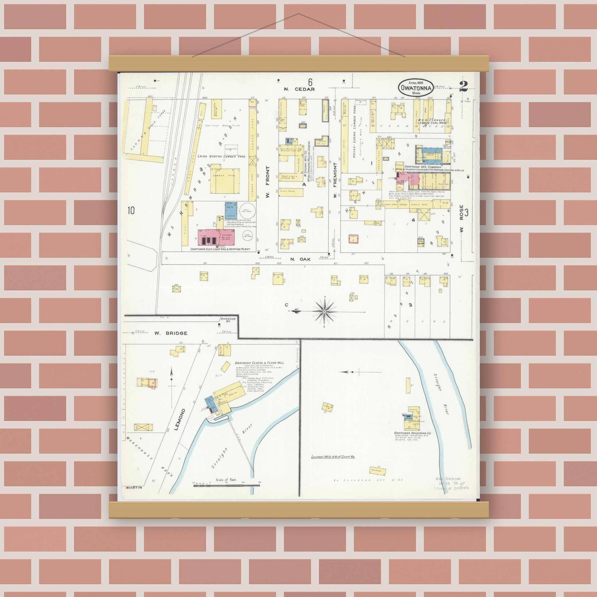 Old map wall art mockup — magnetic wood frame on brick wall — Sanborn Fire Insurance Map from Owatonna, Steele County, Minnesota (1909), Sheet #0002