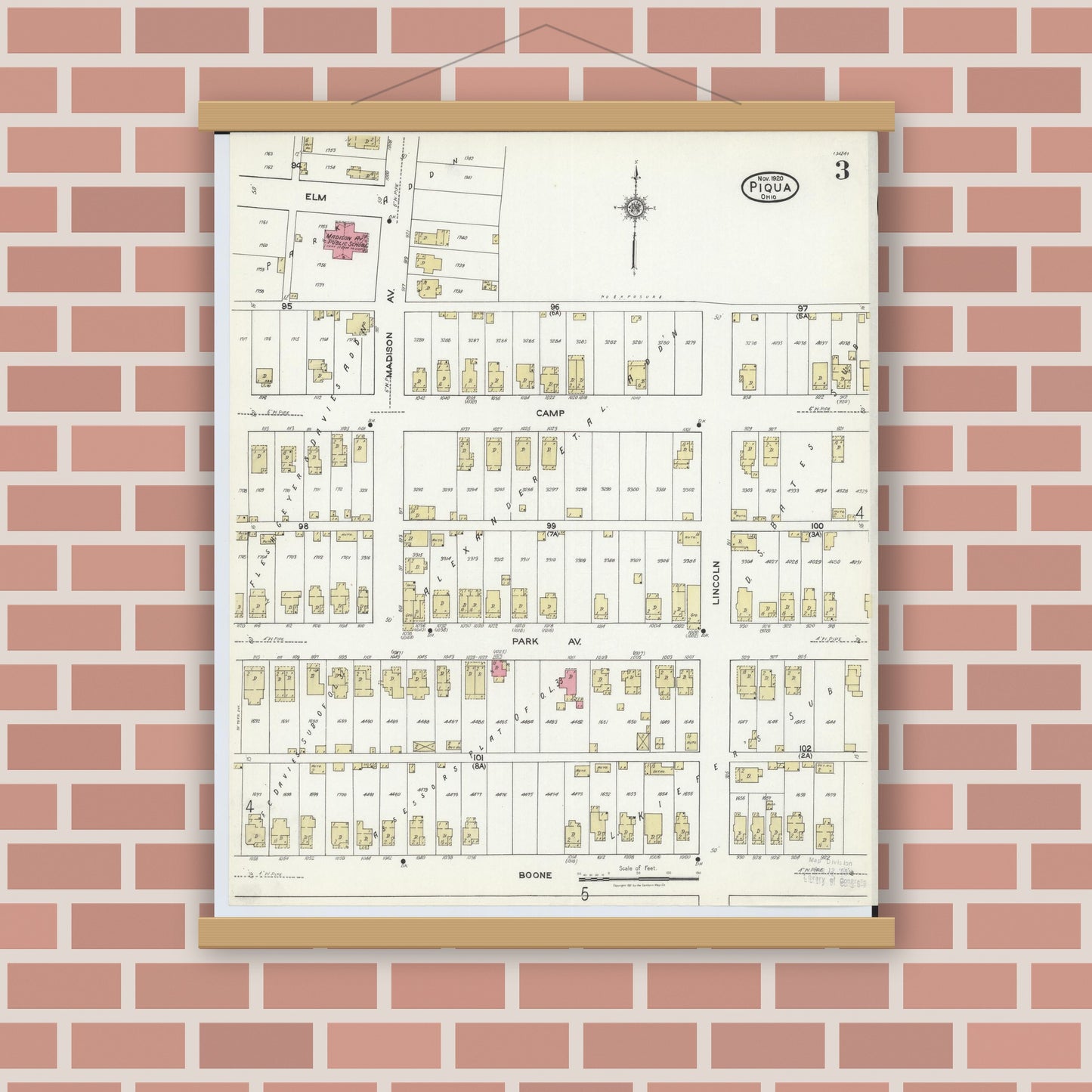 Old map wall art mockup — magnetic wood frame on brick wall — Sanborn Fire Insurance Map from Piqua, Miami County, Ohio (1920), Sheet #0003