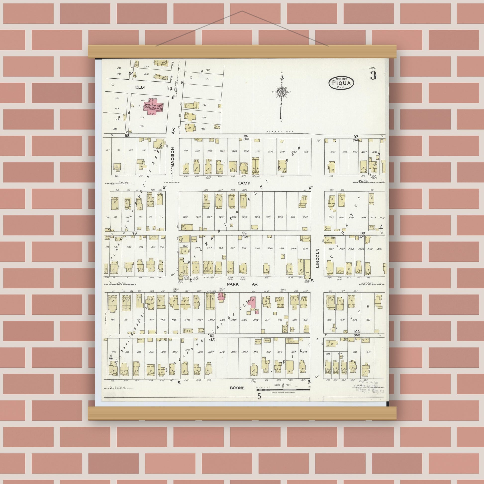 Old map wall art mockup — magnetic wood frame on brick wall — Sanborn Fire Insurance Map from Piqua, Miami County, Ohio (1920), Sheet #0003