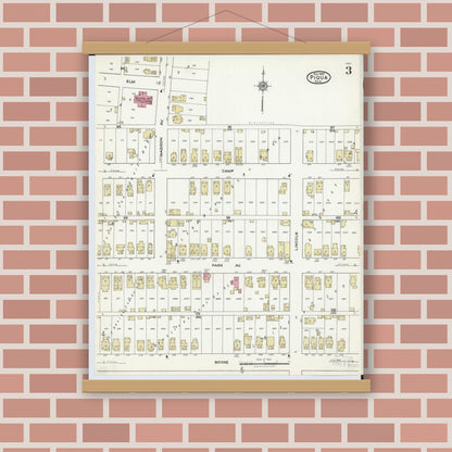 Old map wall art mockup — magnetic wood frame on brick wall — Sanborn Fire Insurance Map from Piqua, Miami County, Ohio (1920), Sheet #0003