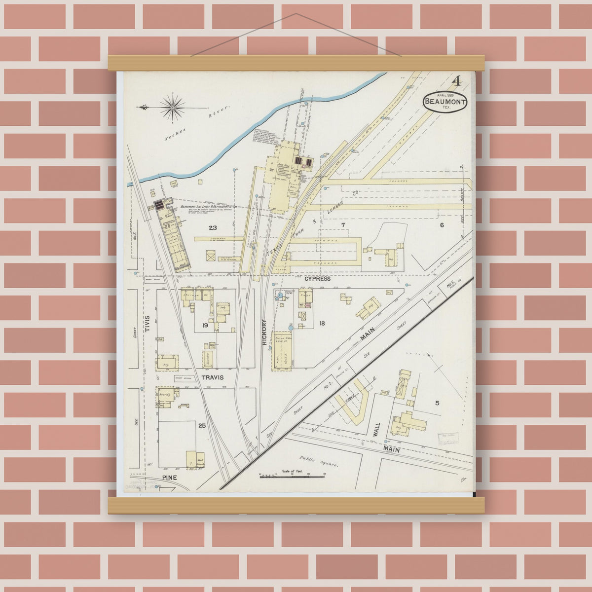 Old map wall art mockup — magnetic wood frame on brick wall — Sanborn Fire Insurance Map from Beaumont, Jefferson County, Texas (1889), Sheet #0004